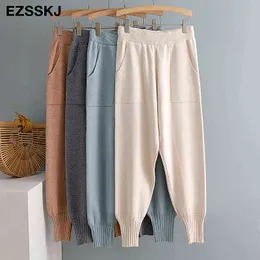 Chic outono inverno harem calças mulheres soltas calças feminino malha malha com bolsos calças de rabanete 211124