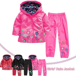 Klädsuppsättningar 18m-5Y Barnkläder Tjejer Toddler Baby Långärmad Floral Coat Rainproof Hooded Jacket Byxor Suit Ensemble Enfant File