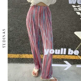 Yedinas Summer Vintage Byxor Casual Loose High Waist Streetwear Wide Leg Elastic Trousers Kvinna 210527