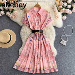 Vestido largo con estampado de viento para mujer, vestido retro con cuello vuelto y manga abullonada, vestidos acampanados, vestido largo de vacaciones bohemias de verano 210715