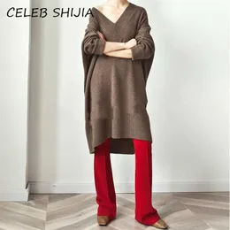 SHIJIA Herbst Lange Pullover Weibliche V-ausschnitt Übergroßen Lose Braun Gestrickte Jumper Frau Pullover Femme Winter Streetwear Tops 211018