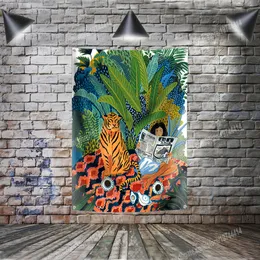 Jungle Tiger Girl Flag Banner Art Decorazioni per la casa Bandiere appese 4 Gromments negli angoli 3 * 5FT 96 * 144CM Pittura Wall Art Print Poster