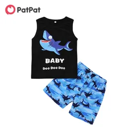 夏の赤ちゃん男の子服幼児漫画のサメプリントタンクとショートパンツセット少年210528
