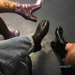 2024 Brand Tasarım Tabi Boots Split Tepe Tapınık Yüksek Topuk Kadın Botlar Deri Zapatos Mujer Moda Sonbahar Kadın Ayakkabı1
