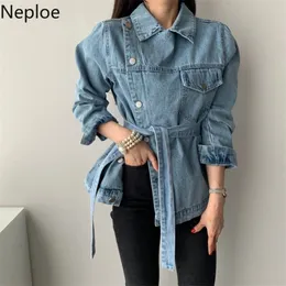 Irregular Denim Jackets Women Korean Ins Turn Down Collar Long Sleeve Coats Fashion Lace Up Slim Waist Female Tops 49833 210422