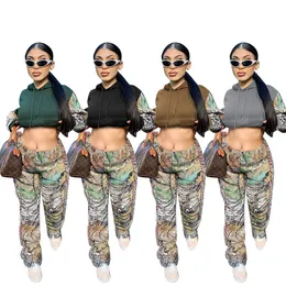 Kvinnor Camouflage Pattern Printing Tracksuits Fashion Fleece Hoodies Tassel Pants Outfits Designer Kvinna Jogging Sweatpants Två Piece Sets