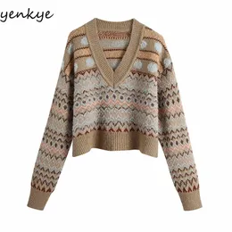 Moda Mulheres Vintage Jacquard Sweater Manga Comprida V Pescoço Casual Plus Size Cropped Pullover Inverno Jumper Natal 210514