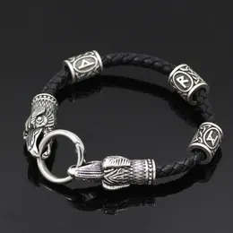 Bangle Banru Nordic Viking Logo Beads Odin Crow Head Real Leather Men's Bracelet Drop