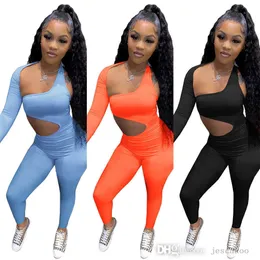 Deisgner Mulheres Tracksuits Dois Peças Definir Outfits Slim Sexy Cor Sólida Outono Escavado de Manga Longa Leggings Sports Ternos Azul