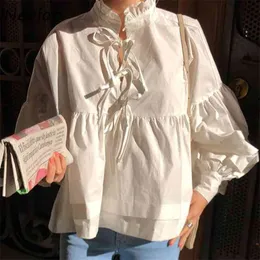 Stand Collar Lace Up Bow Design Solid Blouse Women Pullover Puff Long Sleeve Loose Blusas Spring Shirt Feminino 210422