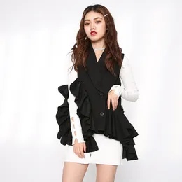 [EWQ] Spring New Onesterwear Warstwy Ruffles Design Modne Luźne Mody Czarny Blazer Kamizelka Kobiety Ruched Casual Coats 210423