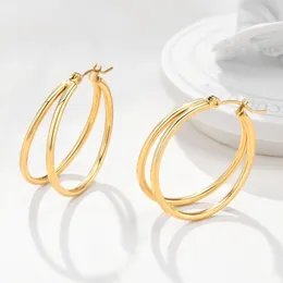 n139 Gold Stainless Steel Hoop Hoggie 32mm Double Circle Round-Tube Polished Hoop Earrings for Women Teen