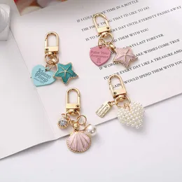 Lovely Cute Imitated Pearls Heart Sea Star Keychain Metal Shell Pendant Car Key Ring Women Headset Case Ornament Accessories G1019