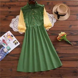 Japanische Frühling Herbst Frauen Avocado Grün Party Kleid Nette Süße Patchwork Elegante Kawaii Rüschen Lolita Stil Mädchen 210520