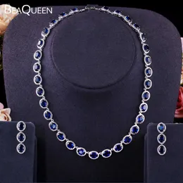 BeaQueen Stunning Big Oval Dark Blue Cubic Zirconia Stones Earrings Choker Necklace Wedding Jewelry Sets for Women JS272 H1022