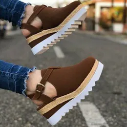 Kvinnors Sandaler Vintage Wedge Skor Kvinna Spänne Strap Halm Tjock Bottom Flats Plattform Sandal Flock Kvinna Skor Sommar 2020