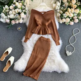 Spring Autumn Female Shiny Knitting Dress Sets Lurex Ruffles Long Sleeves Wool Warm Sweater knitted Two Pieces Set Women