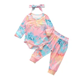 2021 Baby Boy Girl Clothes Tie Dye Kläder Set Långärmad Romper Byxor Bow Headband 3 st Mode Spädbarn Använd vinterhöstkläder