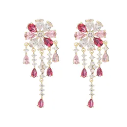 Pink Crystal Flower Women Fashion Tassel Drop Water Stud Earrings Brand Luxurious Wedding Jewelry With Cubic Zriconia