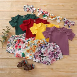 Baby Girl Clothes Sets Solid Short Sleeve Romper Flower Shorts Headband 3st Set Sommardesigner Spädbarn Kläder Boutique Barnkläder BT6615