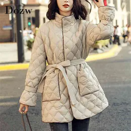 Winter Long Padded Jacket Women Parka With Belt Elegant Argyle Pockets Coat Sleeve Single Breasted Outerwear 210515