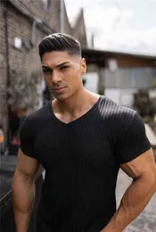 Running V Neck Short Sleeve T shirt Men Knitted Gym T-shirt Slim Fit Sports Tee Shirt Male Bodybuilding Fitness Workout Clothing G1222