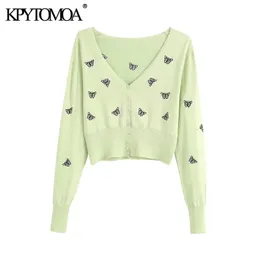 Mulheres moda borboleta bordado colhido de malha cardigan suéter vintage manga longa feminina outerwear chique tops 210416