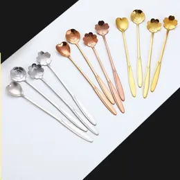 Flower Shape Long Handle Stainless Steel Tea Coffee Spoon Kitchen Tools 18cm 3 plated colors 4 designs Rose Cherry Blossom Coreopsis Heart