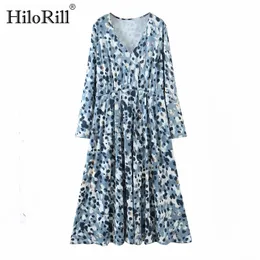 V Neck Print Long Dress Casual Loose Pleated Sleeve Lady Fashion Maxi es Autumn Spring Vestidos Largos 210508