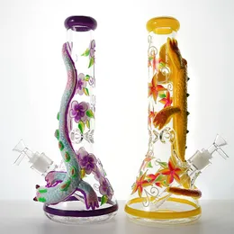 Lagarto Dragão da Inundação Handwork Narguilés Inebriantes Grandes Bongs de Vidro Ice Pinch Oil Dab Rigs 14" de Altura 18mm Junta Fêmea com Tigela Tubos de Água