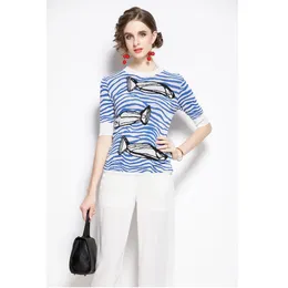 Fashion women's suit spring and summer ocean fish ice silk sweater + nine-point wide-leg pants two-piece 210520