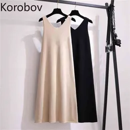 Korobov Koreanska A-Line Kvinnor Klänning Sommar Elegant Solid Kvinna Klänningar Preppy Style V Neck Ärmlös Vestidos Femme 210430