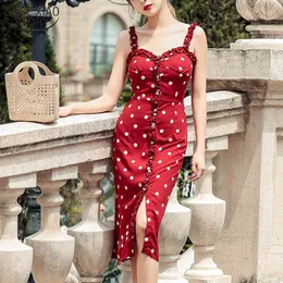 Kobiety Wysoka talia Sexy Midi-Dress Red Femme Robe Lato Francuski Vintage Dot Drukowane ES Slim Suspenden V-Neck 9320 210508