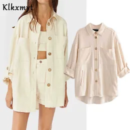 Klkxmyt سترة النساء أزياء واحدة الصدر جيب أدوات معطف خمر كم طويل الإناث قميص أنيقة قمم 210527