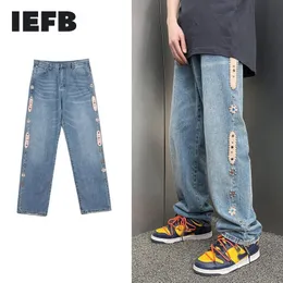 IEFB Streetwear Frezowanie Patchwork Niebieskie Dżinsy Dla Mężczyzn Design Luźne Szerokie Nogi Męskie Damskie Spodnie Dżnowie 9Y7334 210524