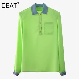 Solidne Zielone Z Długim Rękawem Square Grube Ramię Contrast Color Haldigan Polo Koszula Kobiety Lato GX1230 210421