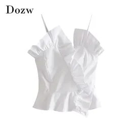 Sexig Ruffled Cotton Camisole Kvinnor Elegant Vit Spaghetti Strap Top Ladies Solid Söta Baklösa Toppar Ropa Mujer 210515