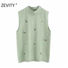 Kobiety Moda Stojak Kołnierz Kwiat Haft Dzianiny Bluzyki Damska Kamizelka Bez Rękawów Slim Koszula Chic Blusas Topy LS7093 210420