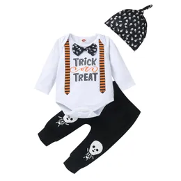 Halloween Cartoon Noworodek Baby Boy Ubrania Trick List Z Długim Rękawem O Neck Bawełna Romper Playsuit Topy Pant Hat Hat Kid Odzież Zestaw