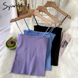 Syiwidii Knitted Bow Camis Women Casual Sexy Crop Tops Screw Thread Solid White Tank Tops Summer Fashion New Short Clothing 210417