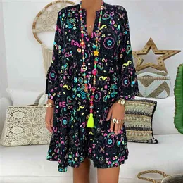 Boho Dres Loose Floral Print Z Długim Rękawem V-Collar Button Party Eleganckie Seksowne Suknie Plus Size Vestidos de Festa 210623