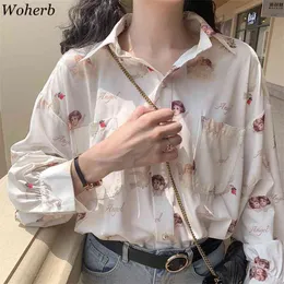 Moda coreana, camisas holgadas de manga larga para mujer, blusa informal con estampado de Ángel, ropa de calle para mujer, Blusas Harajuku 25950 210519