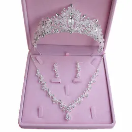 Forseven Cyrkon Rhinestone Tiara i Korony Naszyjnik Kolczyki Zestaw Bridal Wesele Akcesoria Do Włosów Biżuteria Zestaw Prezenty dla kobiet H1022