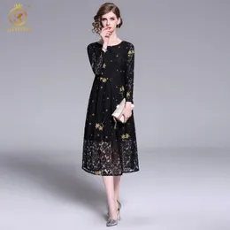 Delle donne Eleganti Abiti in pizzo Abiti Casual Party Lavoro Slim Oro Filo da ricamo Sexy Hollow Out Vintage Vestidos 210520