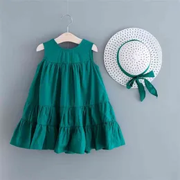 Sommar kostym kläder sätter soild färg klänning + hatt 2pcs barn kläder sundress barn tjej 210528