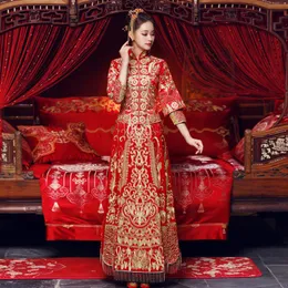 Kvinnor röd orientalisk qipao brud bröllopsklänning kappa kinesisk stil broderi cheongsam toast kläder kostym äktenskap present etnisk