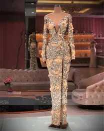 Dubai Beaded Champagne Evening Dresses Long Sleeve Sexy V Neck African Satin Mermaid Formal Bridal Gowns Side Split