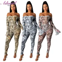 Casual Money Dollar Print Sheer Mesh Night Party Club Jumpsuit Women Sexy Off Shoulder Long Flare Sleeve Romper Outfit Overell