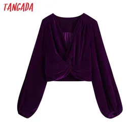 Tangada Mulheres Vinho Vermelho V Pescoço Knotted Curto Veludo Smock Blusa Sexy Lateral Zipper Kimono Camisa Chic Blusas Tops BE120 210609