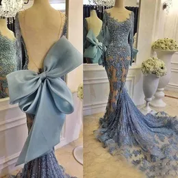 セクシーライトスカイブルーマーメイドイブニングページアジアンドレス2021イリュージョン長袖LaceApplique Sheer Fishtail Imper Prom Wear Gown